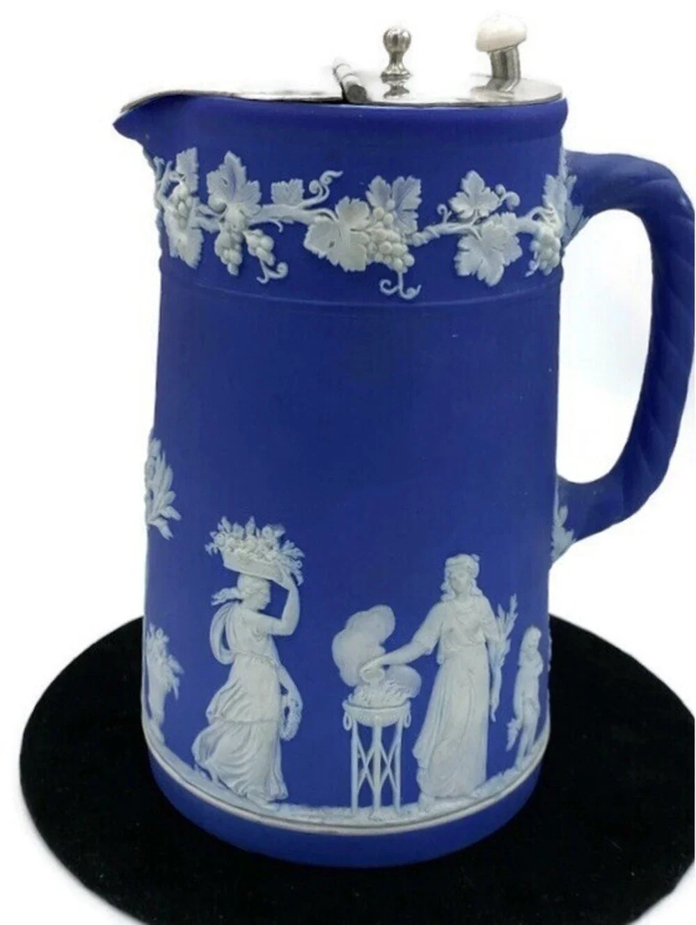 Wedgwood Blue Etruscan Jasperware Syrup Jug Pitcher W/ Lid